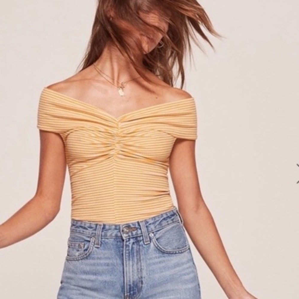 Reformation Sunrise stop in Striped Rochelle Off Shoulder Small